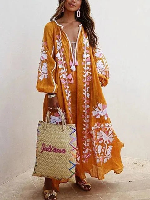 Boho Elegant Print MooMoo Dress For Women | Loose Luxury MooMoo V Neck |  Lace Up Big Hem MooMoo Dresses 2025|  Fashion New Lady MooMoo Robe